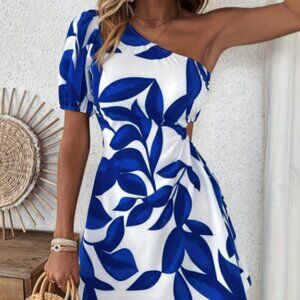 NEW Women's Leaf Print One Shoulder Dress, Backless Cut Out Short Sleeve, Small